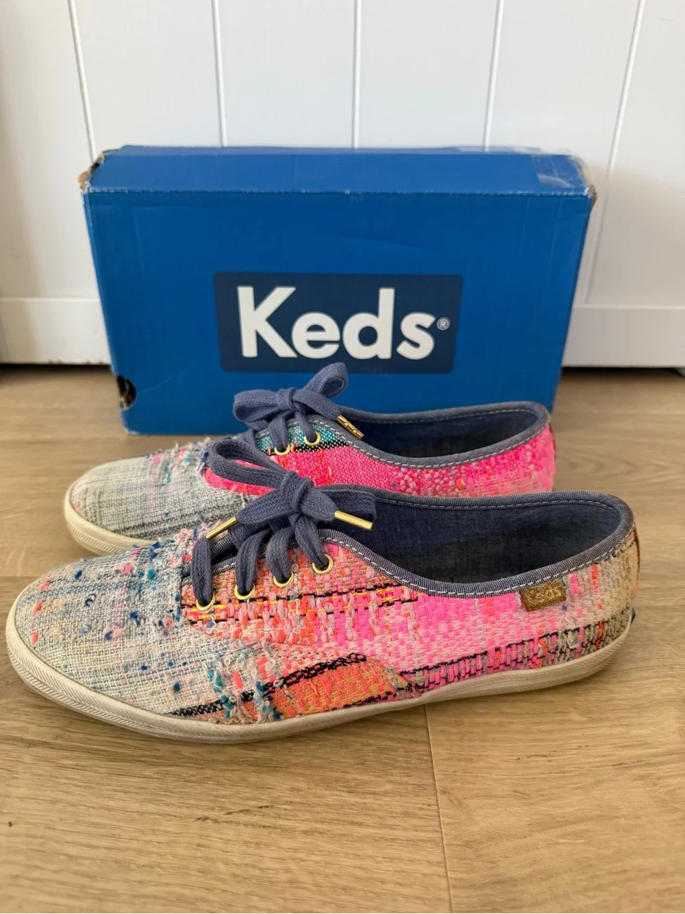Keds X Malhia Kent Women’s Champion Kikaou Blue Multi Lace-Up Sneakers Sz 7